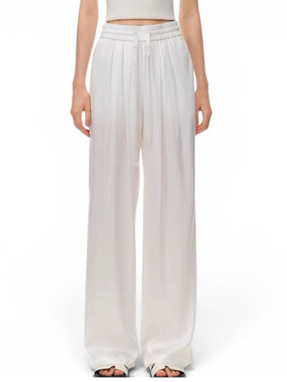 Climax Vision White Satin Wide Leg Pants Drawstring Lounge Summer Trousers NWT